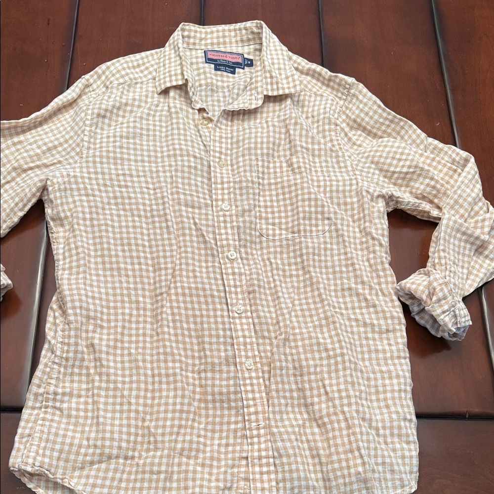 Vineyard Vines Men's linen Tan Checkered Button Down Shirt